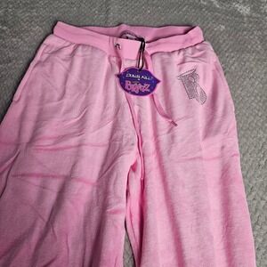 Dolls Kill x Bratz Velour Pants Womens Small Pink Rhinestone Logo Flare Y2K